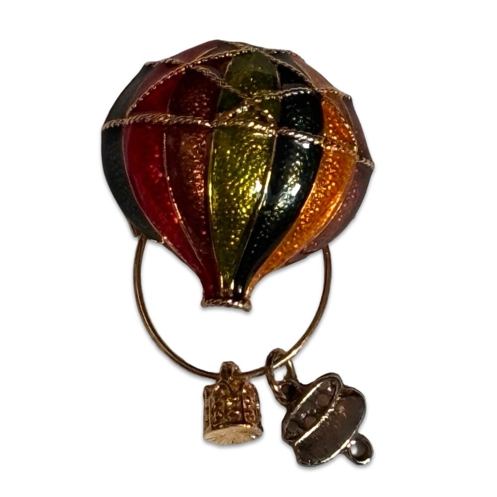 Vintage Hot Air Balloon Brooch Multicolor Enamel Dangling Charm Pin Statement